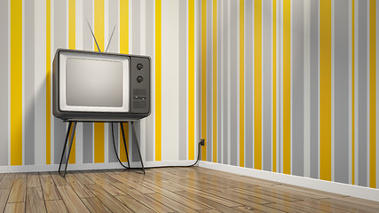 Image showing old vintage tube television in seventies style room