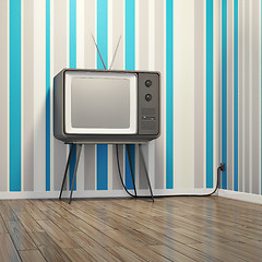 Image showing old vintage tube television in seventies style room