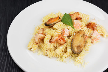 Image showing Seafood Pasta with mussels salmon and shrimps