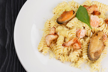 Image showing Seafood Pasta with mussels salmon and shrimps