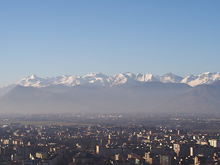 Image showing Aerial view of Turin with Alps mountains