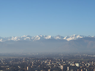 Image showing Aerial view of Turin with Alps mountains