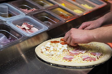 Image showing making pizza at kitchen of pizzeria