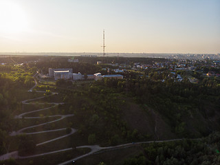 Image showing Aerial top vew of winding road in the city