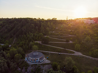 Image showing Aerial top vew of winding road in the city