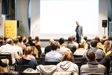 Image showing Business speaker giving a talk at business conference event.