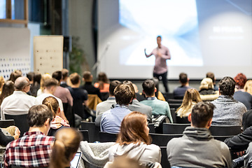 Image showing Business speaker giving a talk at business conference event.