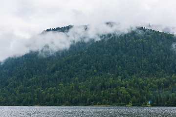 Image showing Foggy Teletskoye lake in Altai mountains