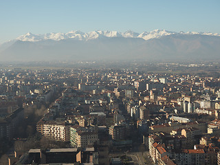 Image showing Aerial view of Turin with Alps mountains