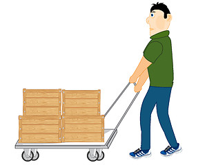 Image showing Cartoon men worker carrying boxes on pushcart