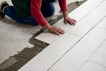 Image showing worker installing the ceramic wood effect tiles on the floor