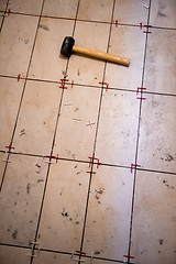 Image showing Ceramic tiles and tools for tiler