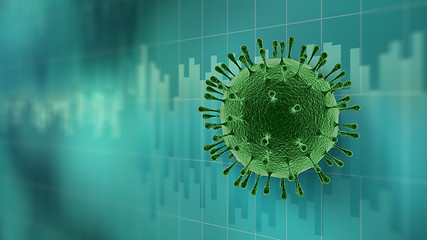 Image showing Molecule of Coronavirus on the turquoise background of stock market graphs.