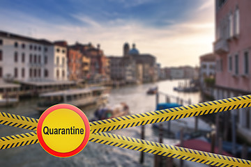 Image showing Warning sign of quarantine on crossing police lines on a blurred background of Grand Canal in Venice, Italy.