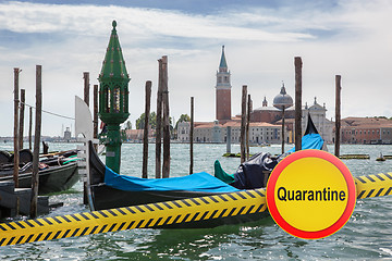 Image showing Prohibition yellow sign of quarantine on the background of San Giorgio Maggiore church in Venice, Italy.