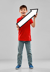 Image showing boy holding big white upwards thick arrow