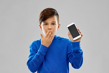 Image showing shocked boy in blue hoodie showing smartphone