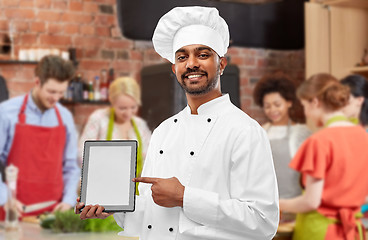 Image showing indian chef with tablet computer at cooking class