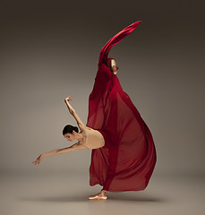 Image showing Young graceful tender ballerina on grey studio background