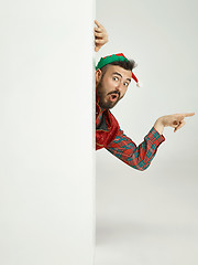 Image showing friendly man dressed like a funny gnome posing on an isolated gray background