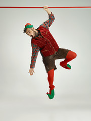 Image showing friendly man dressed like a funny gnome posing on an isolated gray background