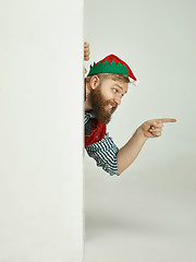 Image showing friendly man dressed like a funny gnome posing on an isolated gray background