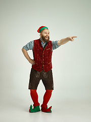 Image showing friendly man dressed like a funny gnome posing on an isolated gray background