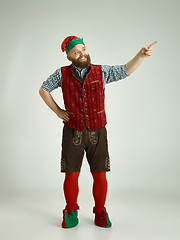 Image showing friendly man dressed like a funny gnome posing on an isolated gray background