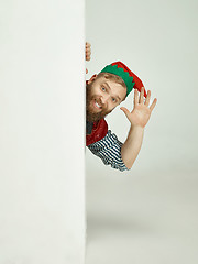 Image showing friendly man dressed like a funny gnome posing on an isolated gray background