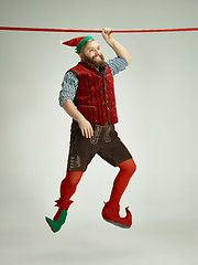 Image showing friendly man dressed like a funny gnome posing on an isolated gray background