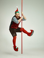 Image showing friendly man dressed like a funny gnome posing on an isolated gray background