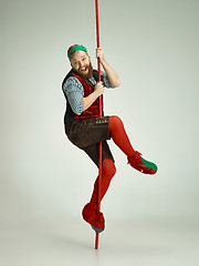 Image showing friendly man dressed like a funny gnome posing on an isolated gray background