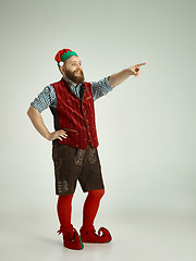 Image showing friendly man dressed like a funny gnome posing on an isolated gray background