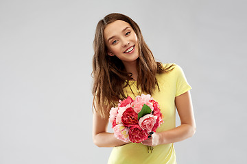 Image showing young woman or teenage girl with flower bouquet