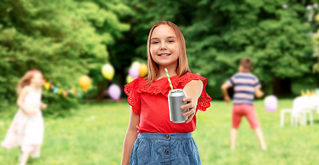 Image showing smiling girl with can drink at birthday party