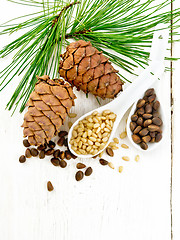 Image showing Cedar nuts in two spoons on board top