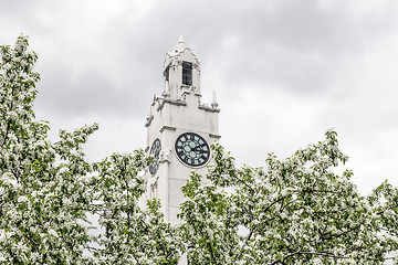 Image showing Clock tower behind blooming spring trees