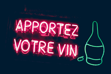 Image showing Bring your own wine neon sign in French