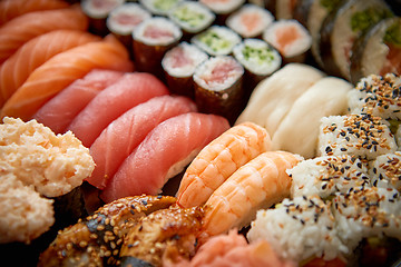 Image showing Close up of various types of japanese fresh prepared sushi.