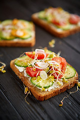 Image showing Healthy vege toasts with onion, cucomber, cherry tomatoes