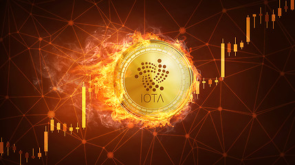 Image showing IOTA coin in fire with bull stock chart.