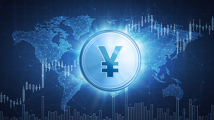 Image showing Yuan or yen coin on hud background with bull stock chart.