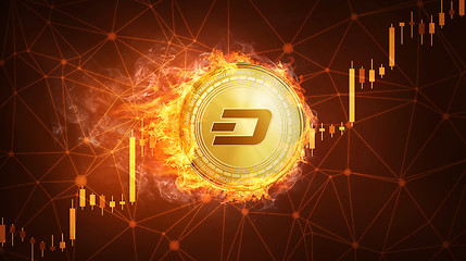 Image showing Dash coin in fire with bull stock chart.