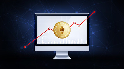 Image showing Gold ethereum coin with bull stock chart.