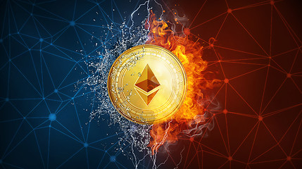 Image showing Gold ethereum coin hard fork in fire flame, lightning and water splashes.