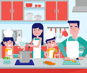 Image showing Caucasian parents with their kids cooking together