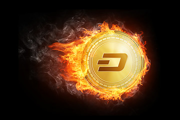 Image showing Golden dash coin flying in fire flame.