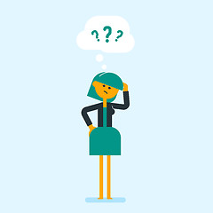 Image showing Young worried business woman with question marks.