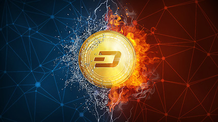 Image showing Gold dash coin hard fork in fire flame, lightning and water splashes.