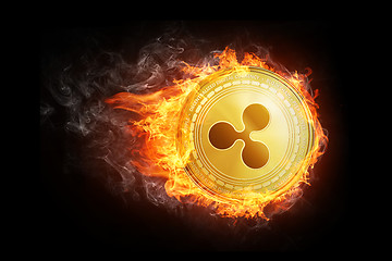 Image showing Golden Ripple coin flying in fire flame.